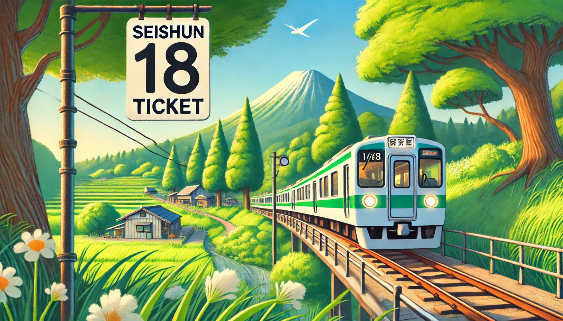 青春18きっぷで行く、のどかな鉄道旅！ローカル列車が緑豊かな田園風景を走る、自由と冒険を感じる旅のワンシーン。