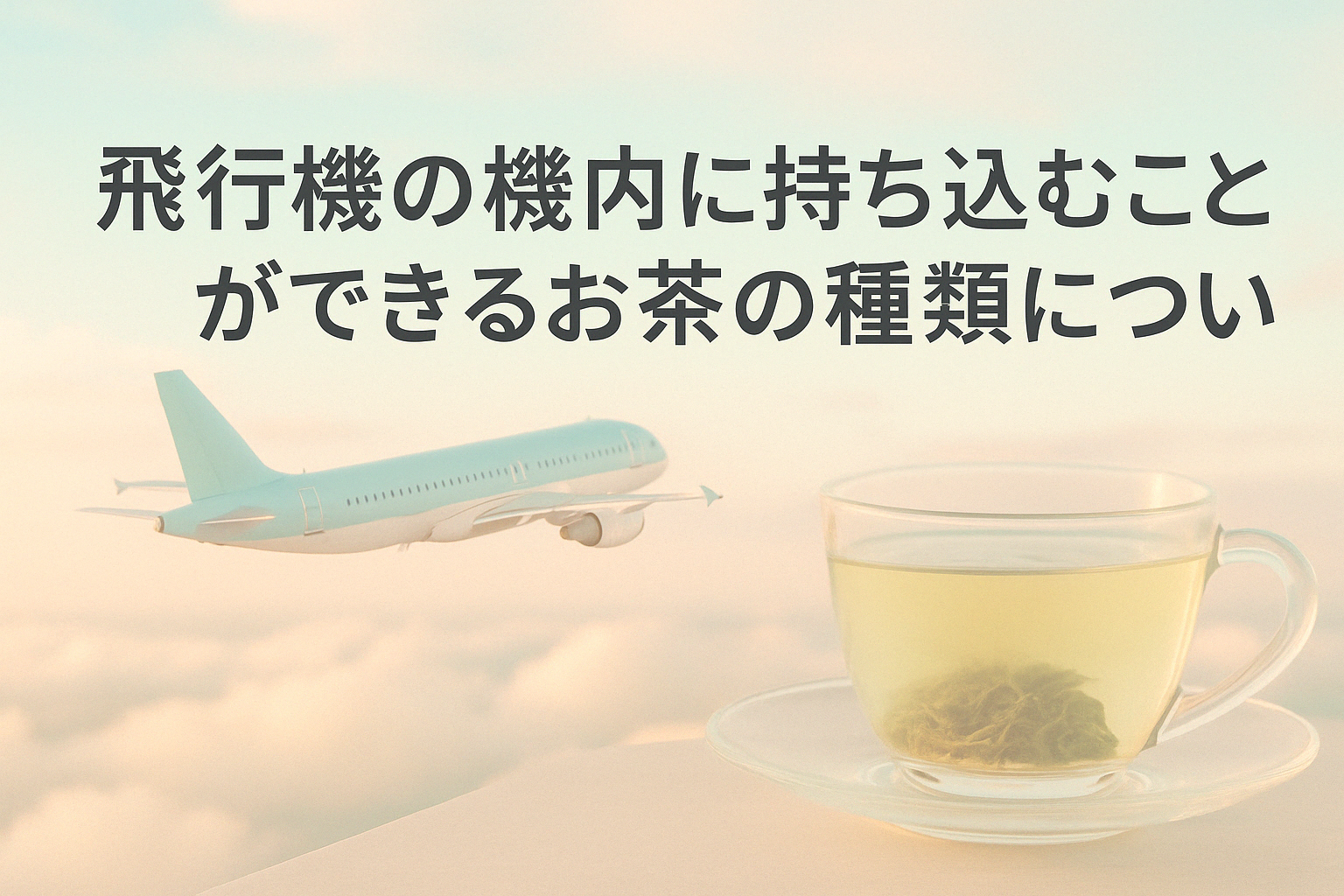 パステル空に飛行機と緑茶のティーカップ──飛行機内へのお茶持ち込みをやさしく案内するイメージ