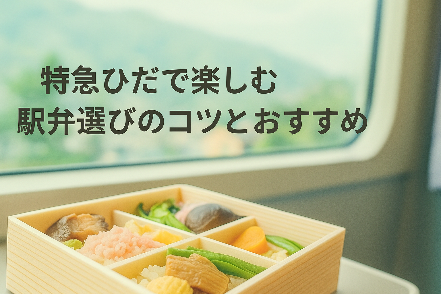 特急ひだの車窓に映る山並みを背景に、彩り豊かな駅弁が並ぶ和やかな16：9のイメージ画像